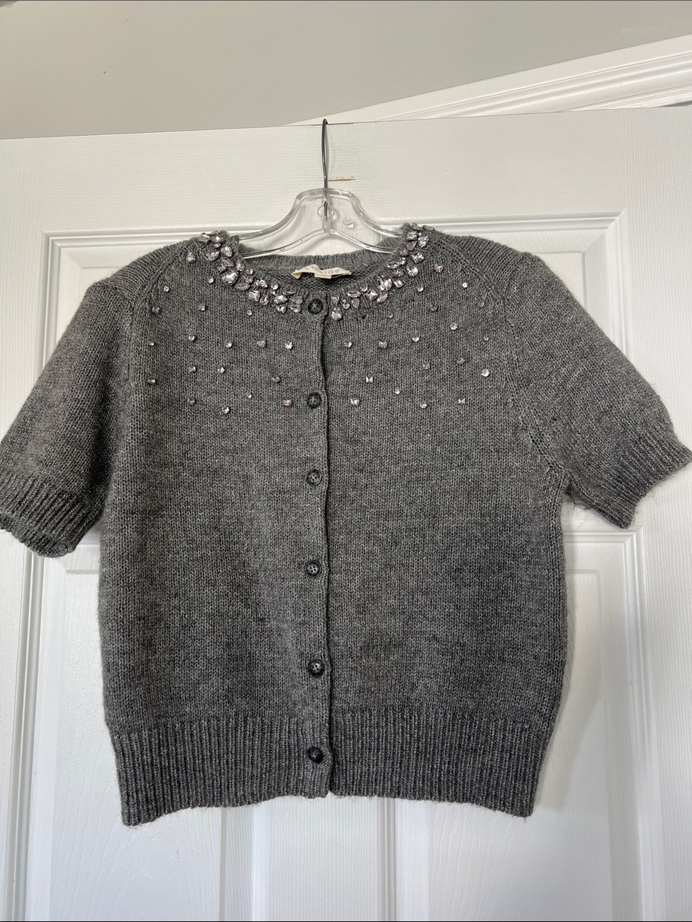 Embellished Gray Short-Sleeve Cardigan Sweater